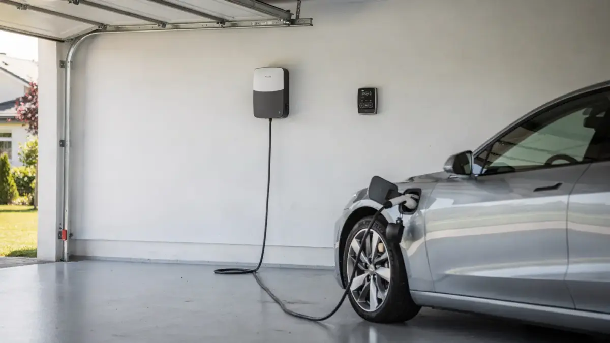 Wallbox an einer Hausgarage mit Elektroauto und Stromzähler zur Berechnung der Wallbox-Stromkosten