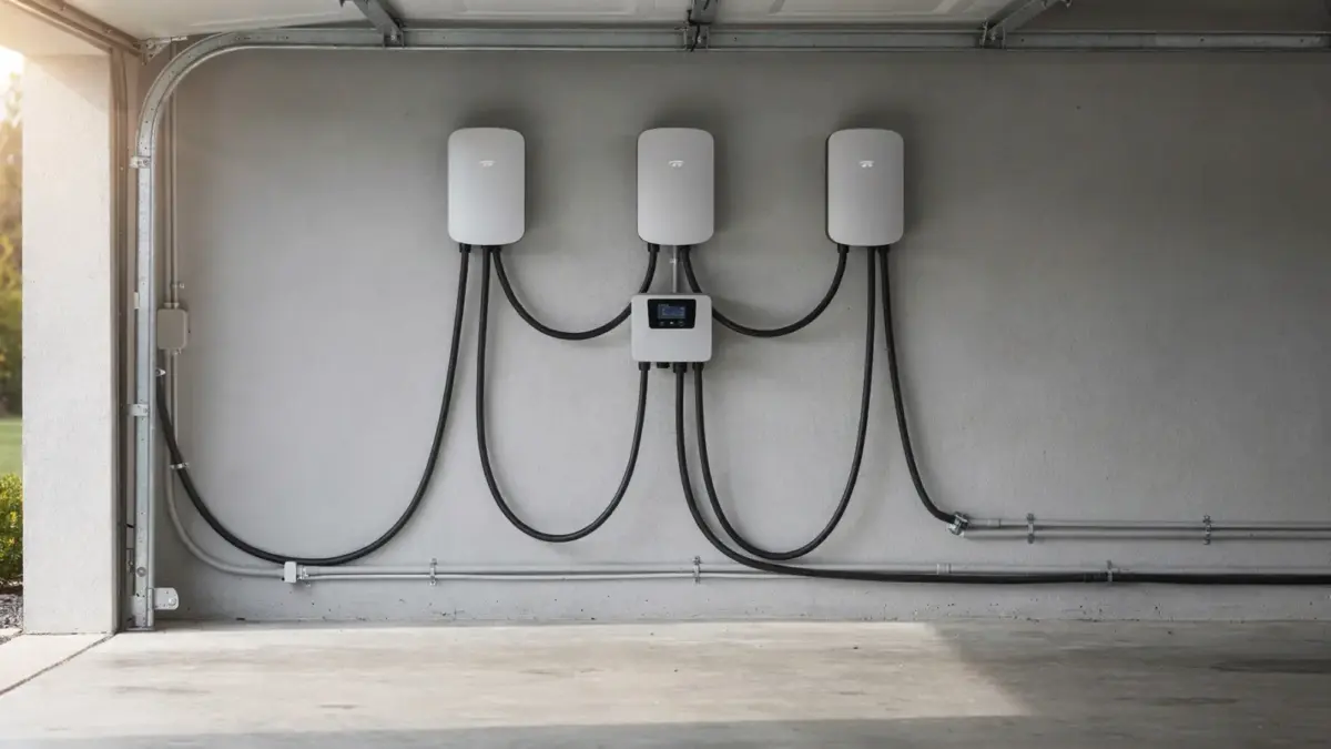 Drei Wallboxen mit Lastmanagement an einer Garagenwand für das Thema Wallboxen mit Lastmanagement