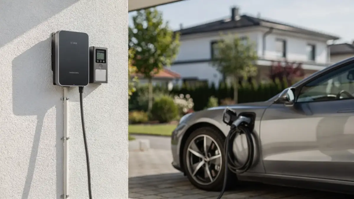 11-kW-Wallbox am Haus mit Elektroauto und Lastmanagement im Hintergrund
