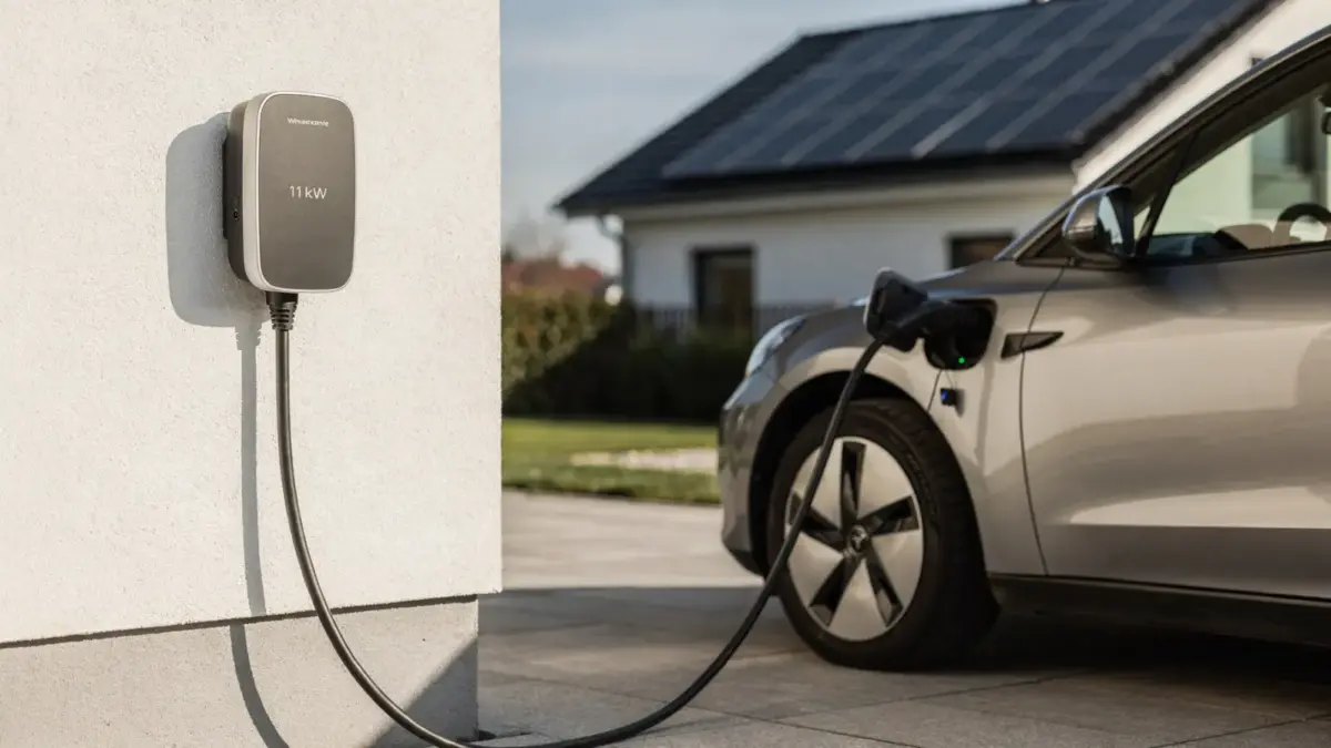 11-kW-Wallbox beim PV-Überschussladen mit Solarstrom an einem Elektroauto am Haus