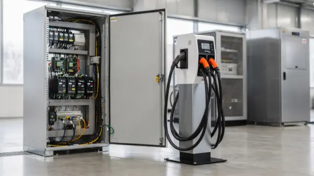 Steuerung für dynamisches Lastmanagement an einer E-Ladesäule mit Energieverteilung und Monitoren