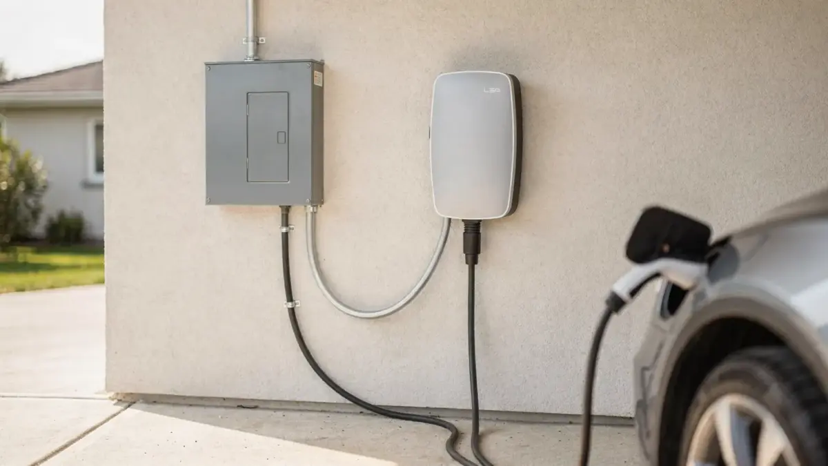 Wallbox an der Hauswand mit Elektroverteilung als Motiv zum Thema Wallbox-Spannungsschwankung