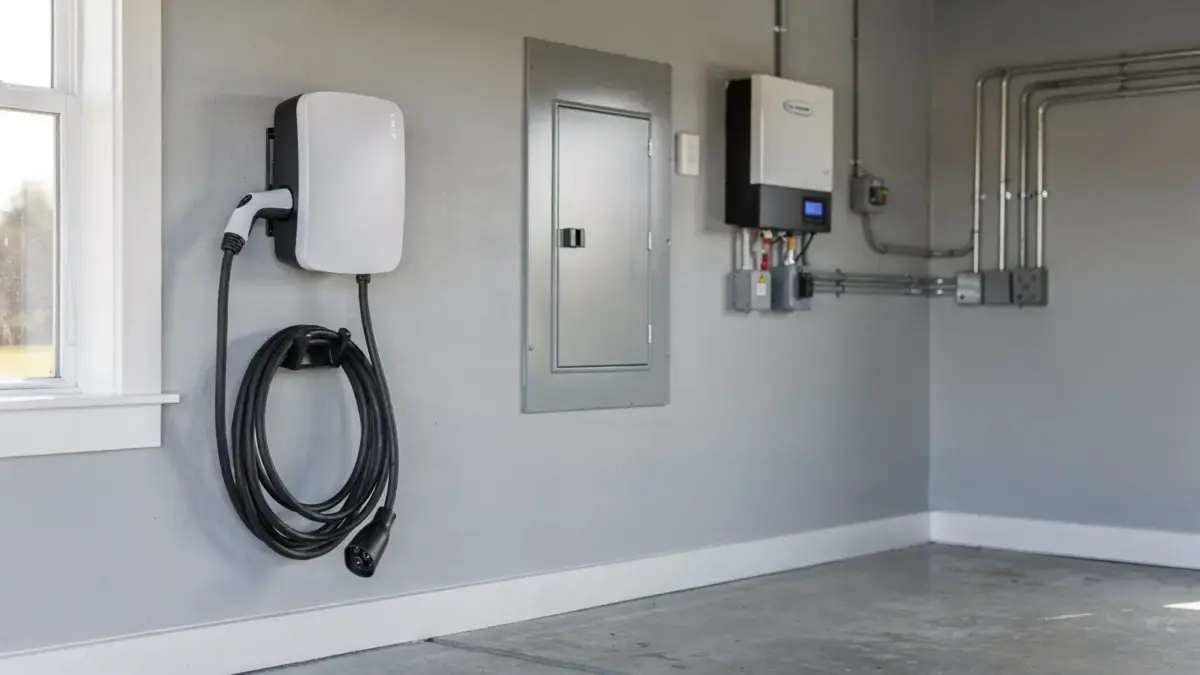 Wallbox und PV-Installation in einem modernen Hausanschlussraum mit Ladegerät und Solartechnik.