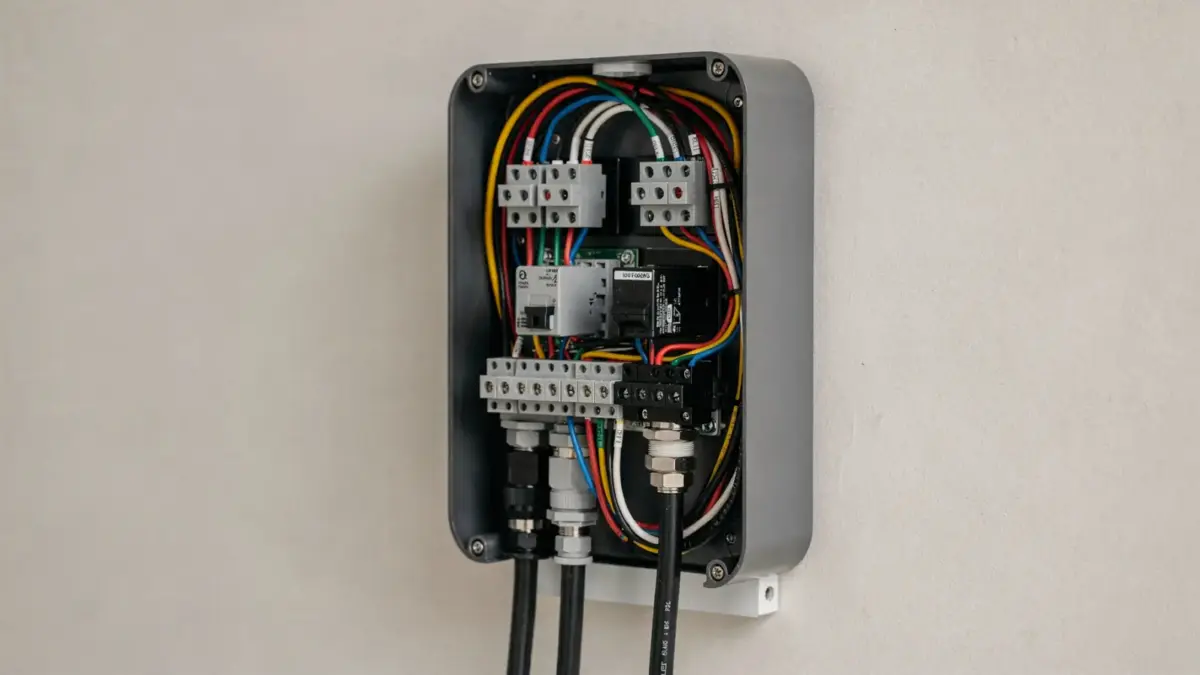 Offene Wallbox mit sichtbaren Kontakten als Motiv zum Thema lose Kontakte