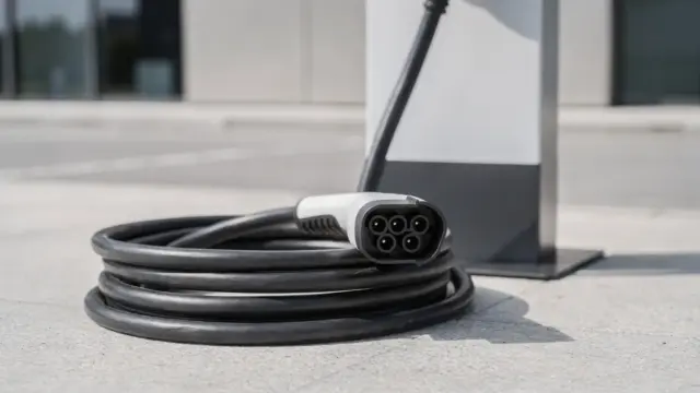 Typ-2-Ladekabel an einer E-Ladesäule in sauberer, moderner Umgebung