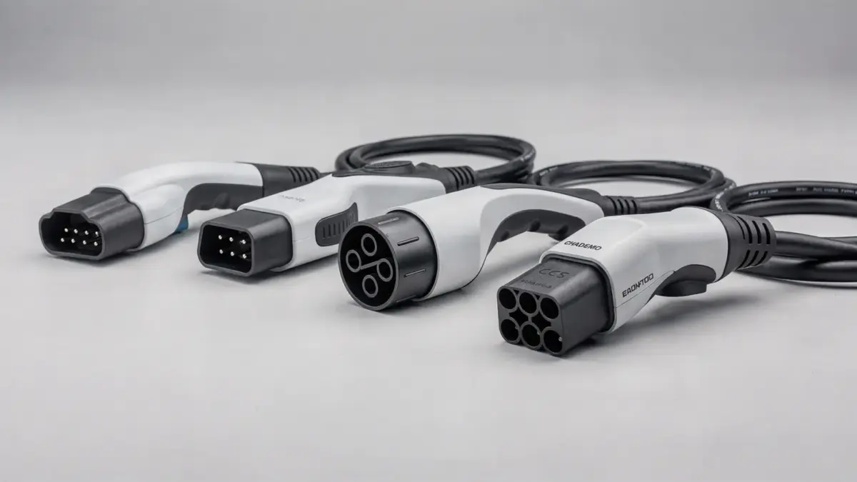 Wallbox-Steckerarten: Typ 2, Typ 1, CCS und CHAdeMO aufgereiht neben Ladekabeln