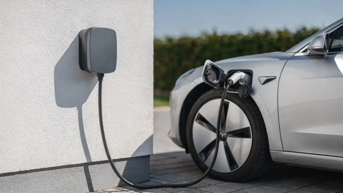 Wallbox an einer Hauswand beim Laden eines Elektroautos zum Thema Wallbox-Fehlercode
