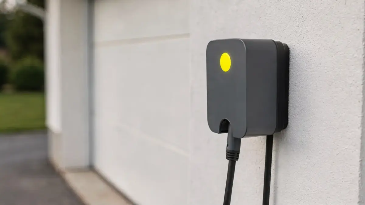 Wallbox mit gelbem Statuslicht an einer Garagenwand zum Thema Wallbox gelbes Licht