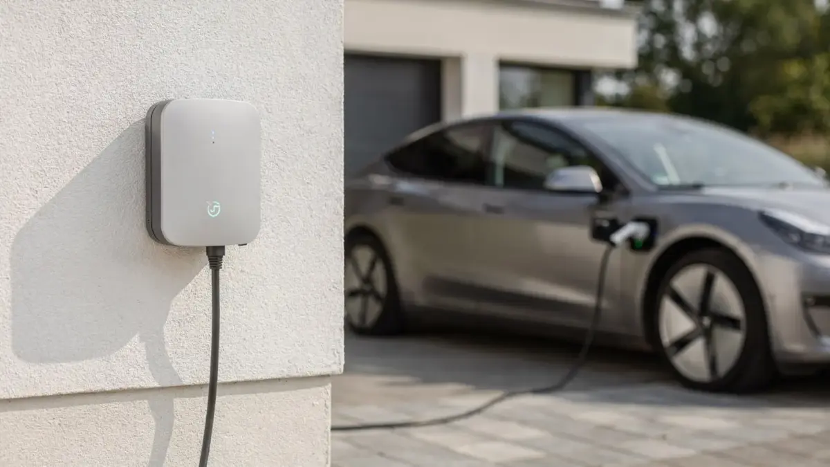 Wallbox an der Hauswand mit angeschlossenem E-Auto bei Ladeabbruch