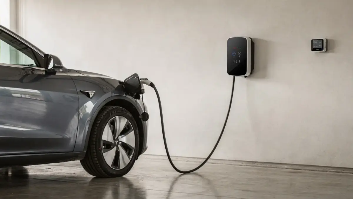 Wallbox an der Garage mit E-Auto und Stromzähler zur Berechnung der kWh-Kosten mit Haushaltsstrom