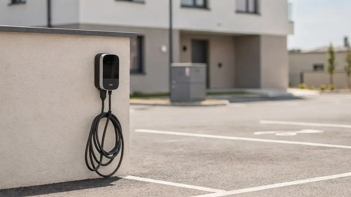 Wallbox an einem Mietstellplatz in Wohnanlage zum Thema Wallbox-Kosten im Mietverhältnis