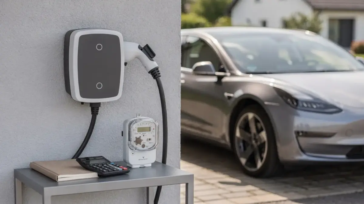 11-kW-Wallbox an der Garage mit Elektroauto, Taschenrechner und Stromzähler zur Berechnung der jährlichen Stromkosten