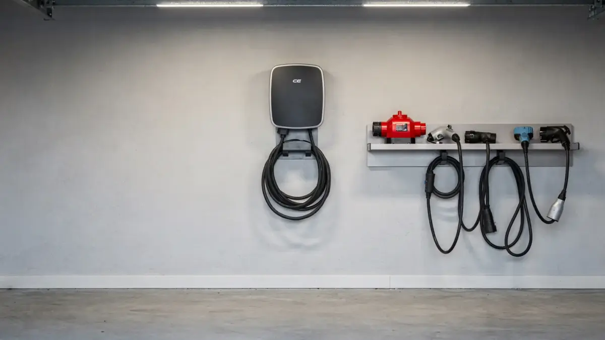 CEE-Adapter für die Wallbox neben einer Wallbox und Ladekabeln in einer Garage