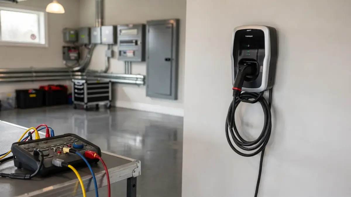 Elektriker prüft nach der Wallbox-Installation Messgerät und Ladestation in der Garage