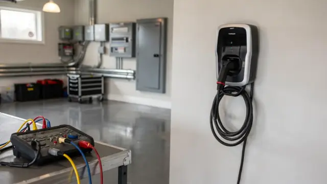 Elektriker prüft nach der Wallbox-Installation Messgerät und Ladestation in der Garage