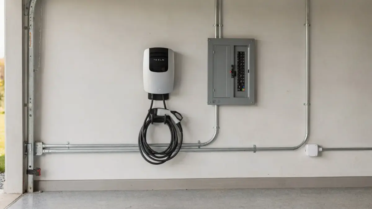 Wallbox an der Garagenwand mit Elektroinstallation und Sicherungskasten im Haus