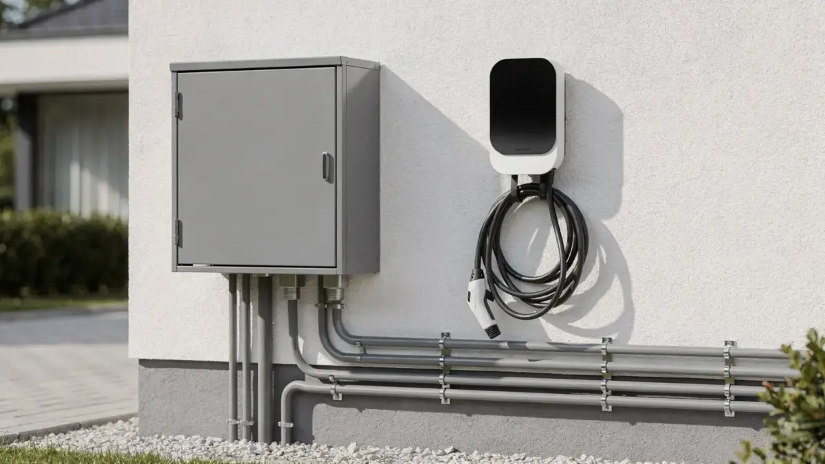 Hausanschluss und Wallbox an einem Wohnhaus für das Laden mit PV