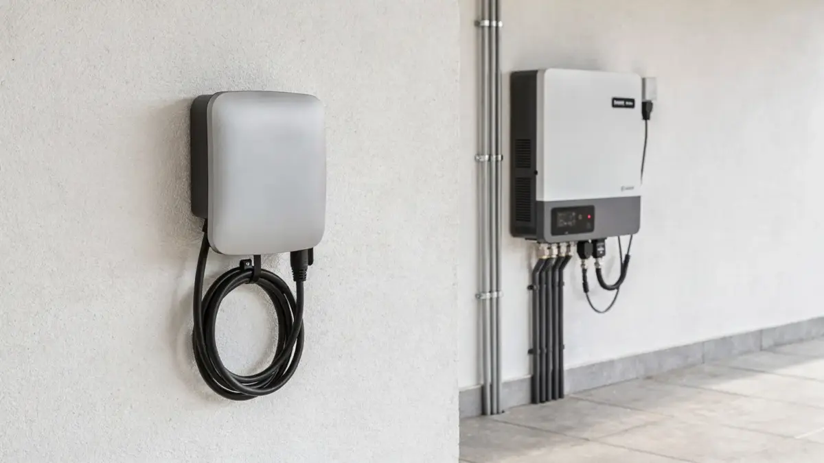 Wallbox und Wechselrichter in einer modernen PV-Ladestation für das Laden mit Solarstrom