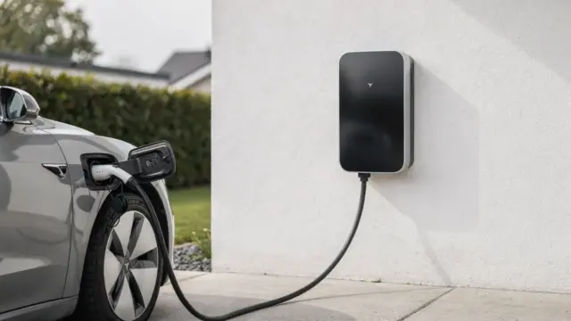 Wallbox an der Hauswand neben einem E-Auto – Thema: Wallbox volle Ladung Kosten zu Hause