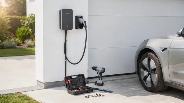 Elektriker montiert eine 11-kW-Wallbox an einer Garagenwand bei der Installation.
