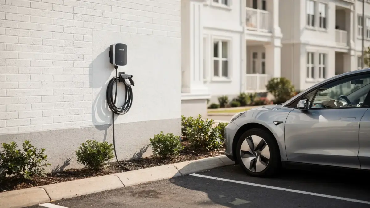 Wallbox am Mietobjekt auf einem Parkplatz mit Elektroauto als Thema der Wallbox-Versicherung