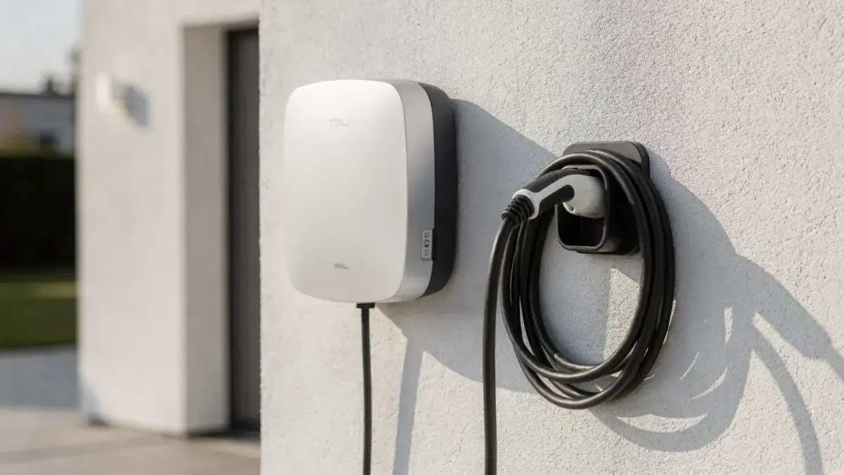 Steckerhalter an der Wallbox an einer modernen Ladebox an der Hauswand