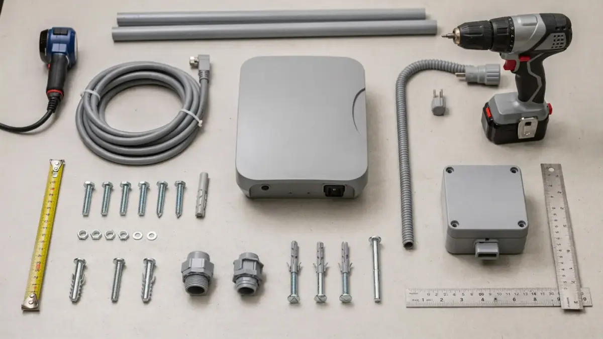 Wallbox-Installationsmaterial für die Montage: Kabel, Halterung, Schrauben und Werkzeug auf der Werkbank.