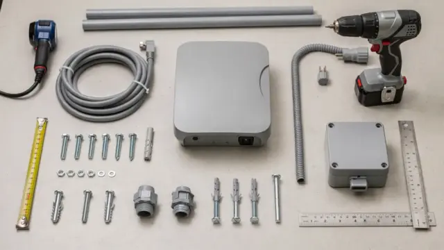 Wallbox-Installationsmaterial für die Montage: Kabel, Halterung, Schrauben und Werkzeug auf der Werkbank.