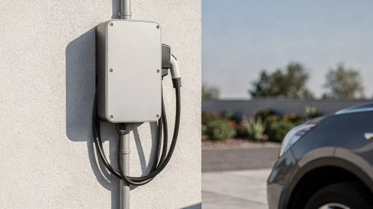 Außen montierte 11-kW-Wallbox an der Hauswand mit Ladekabel für Elektroauto