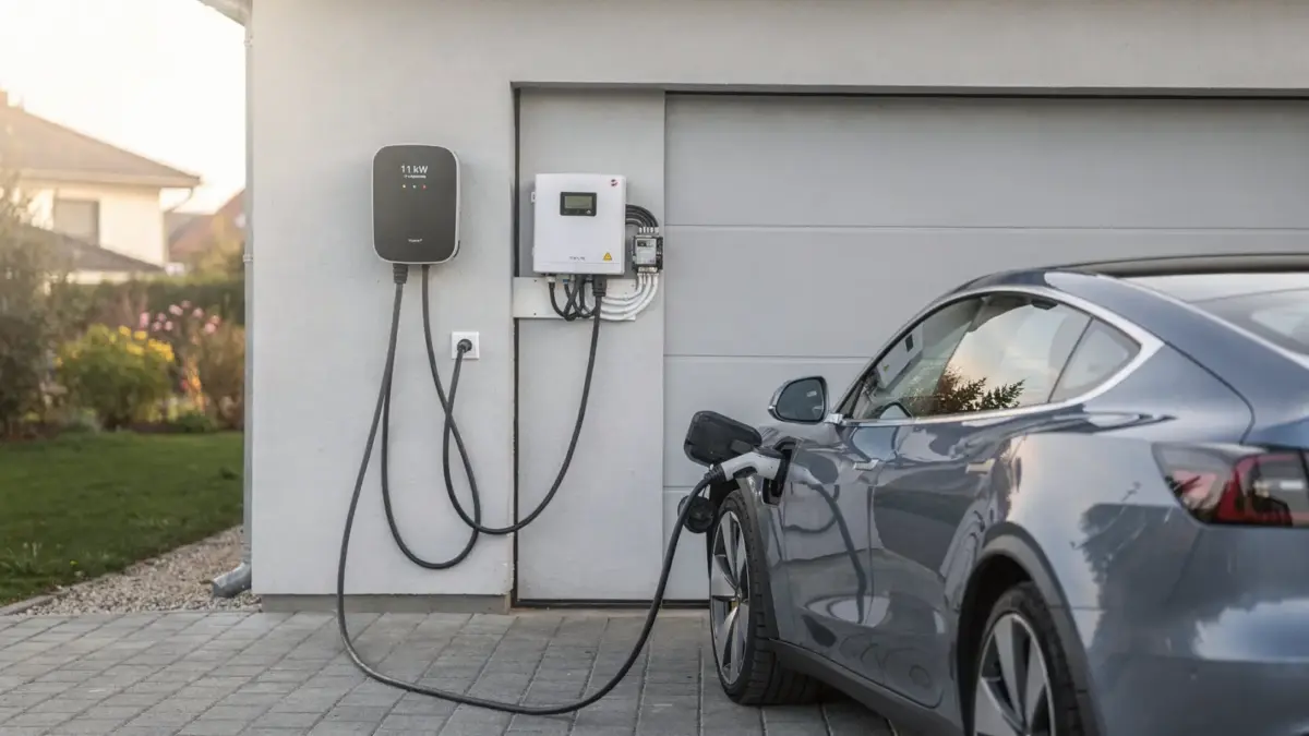 11-kW-Wallbox mit Energiemanagement-System an einer Hausgarage