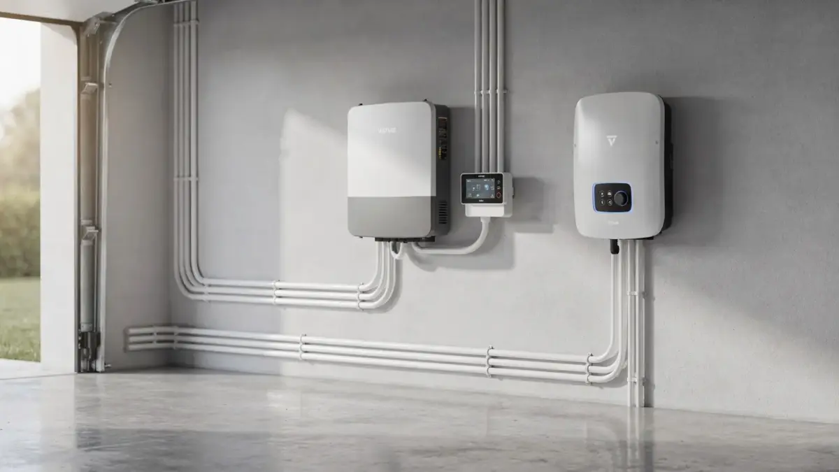 Wallbox mit PV-Steuerung, Smart Meter und Anschlusskabeln in einer modernen Garage