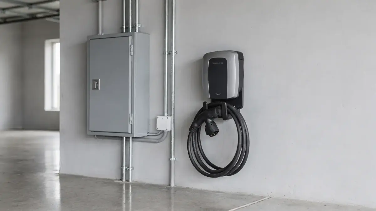 Wallbox, Sicherungskasten und Ladekabel in einer Garage zum Thema Wallbox Sicherung fliegt
