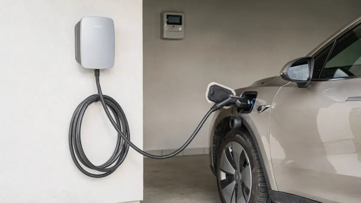 Wallbox am Haus mit E-Auto und Stromzähler zum Thema Stromtarif fürs Laden zu Hause