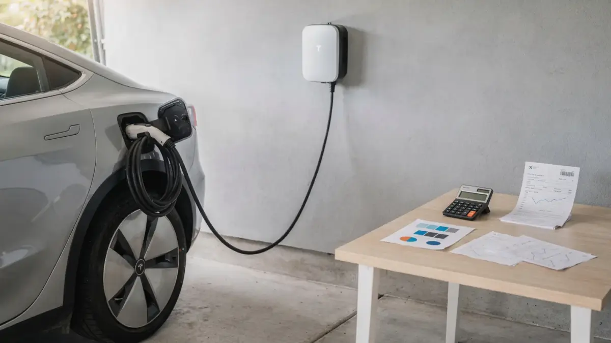 Wallbox an der Garage mit Auto, Taschenrechner und Unterlagen zu Grundpreis und Arbeitspreis bei den Ladekosten
