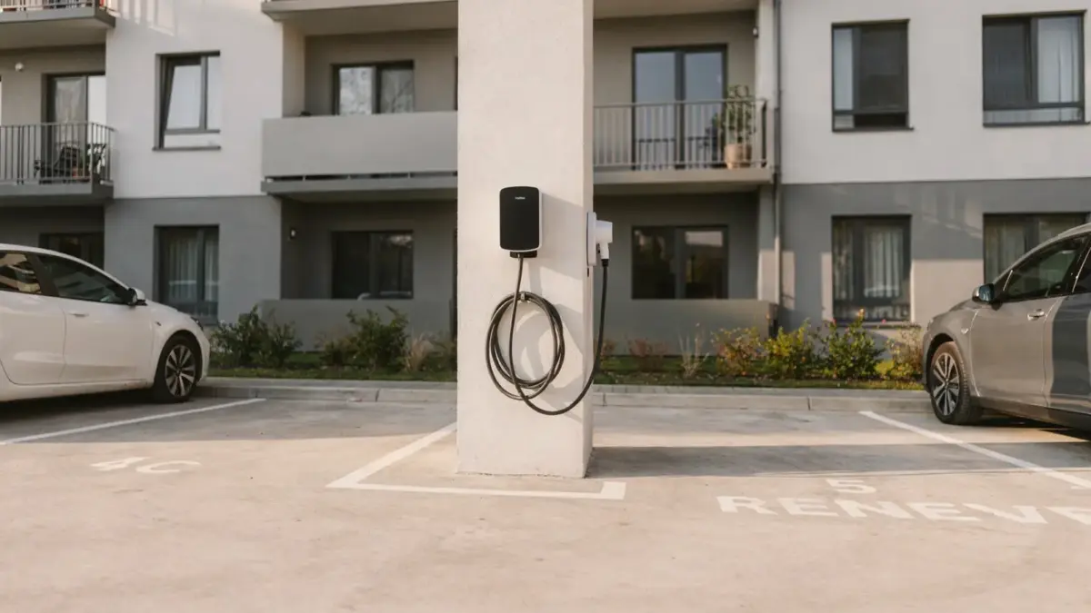 Wallbox an einem Stellplatz in einer Wohnanlage zum Thema Eigentümergemeinschaft und Wallbox