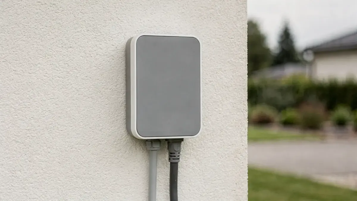 Außen montierte Wallbox-Abdeckung an einer Ladestation für E-Autos am Haus
