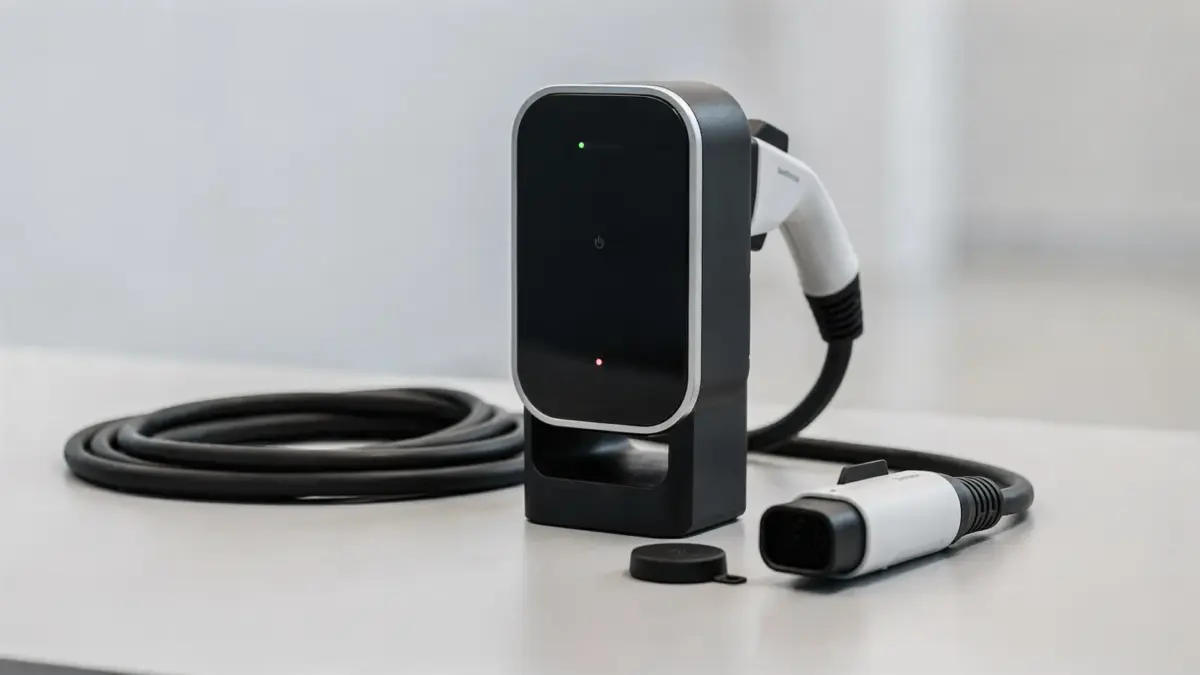 Ladestecker mit Schutzkappe an einer E-Auto-Ladestation