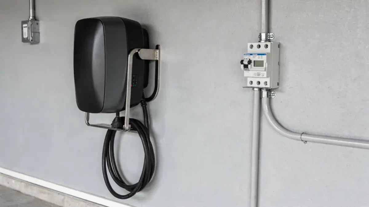 Wallbox an der Wand montiert in einer Garage mit Befestigung und Kabelmanagement zum Thema Wallbox an der Wand montieren