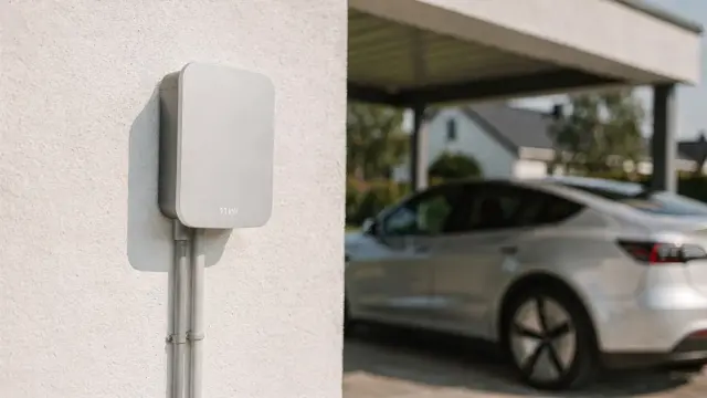Wallbox im Carport neben einem Elektroauto für den Artikel zur 11-kW-Wallbox-Installation