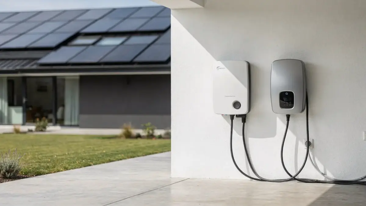 PV-Speicher und Wallbox in einem modernen Hauswirtschaftsraum mit Solaranlage