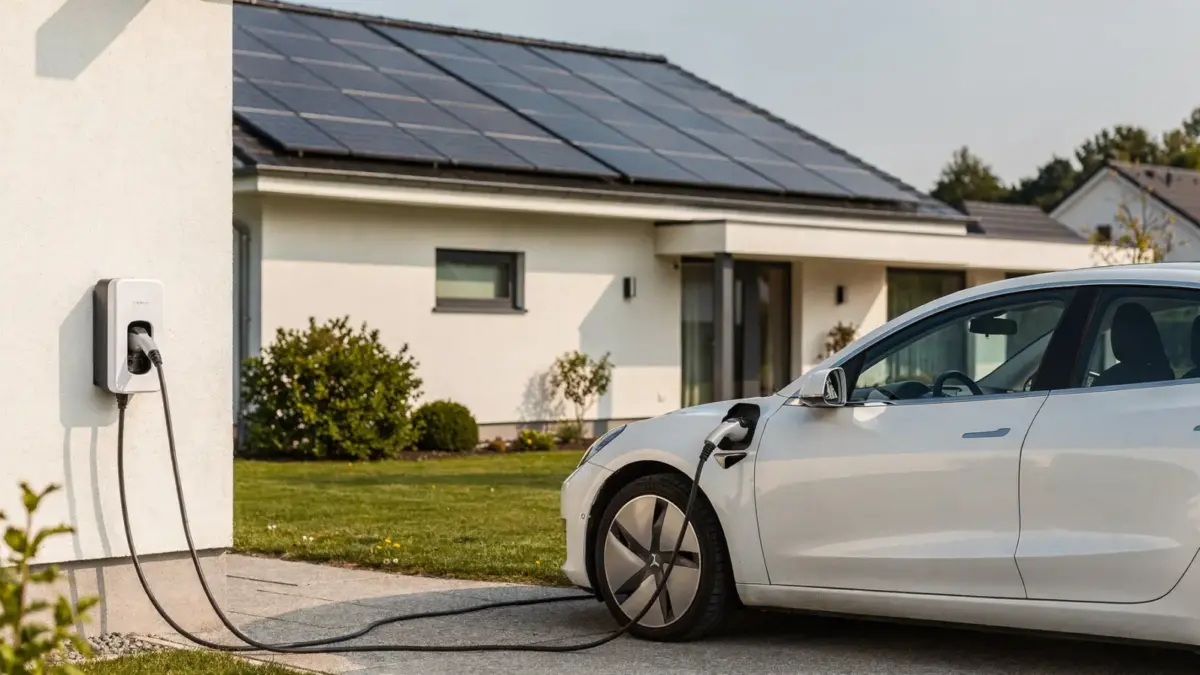 Wallbox und Photovoltaik an einem Wohnhaus zur Veranschaulichung von Eigenverbrauch beim Laden mit Solarstrom