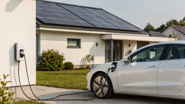 Wallbox und Photovoltaik an einem Wohnhaus zur Veranschaulichung von Eigenverbrauch beim Laden mit Solarstrom