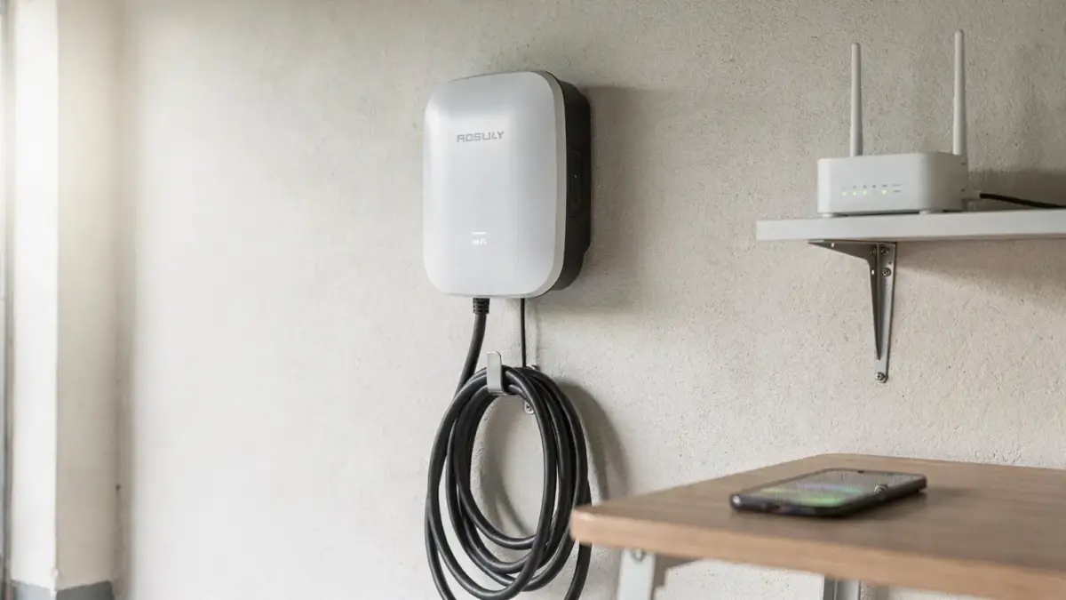 Wallbox neben Router und Smartphone zur WLAN-Verbindung bei der Fehlersuche.