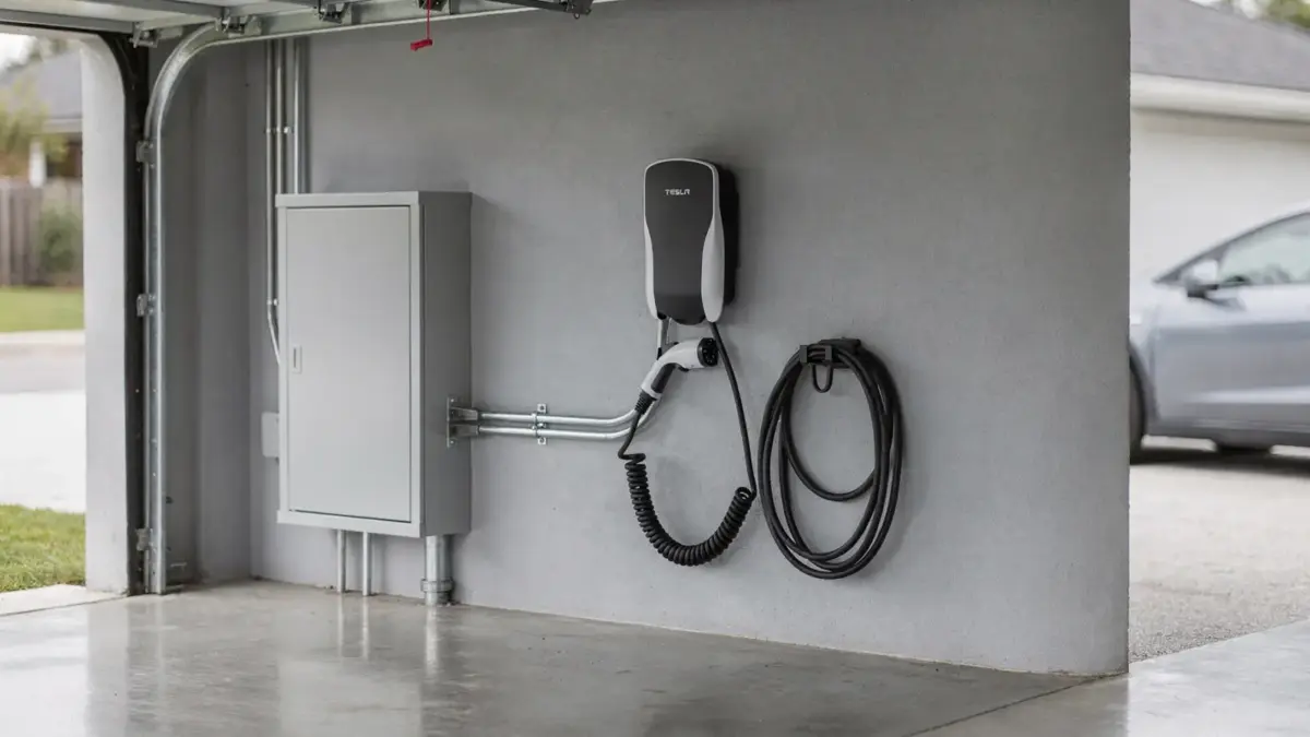 Wallbox mit separatem Zähler an einer Hausgarage mit Elektroinstallationskasten