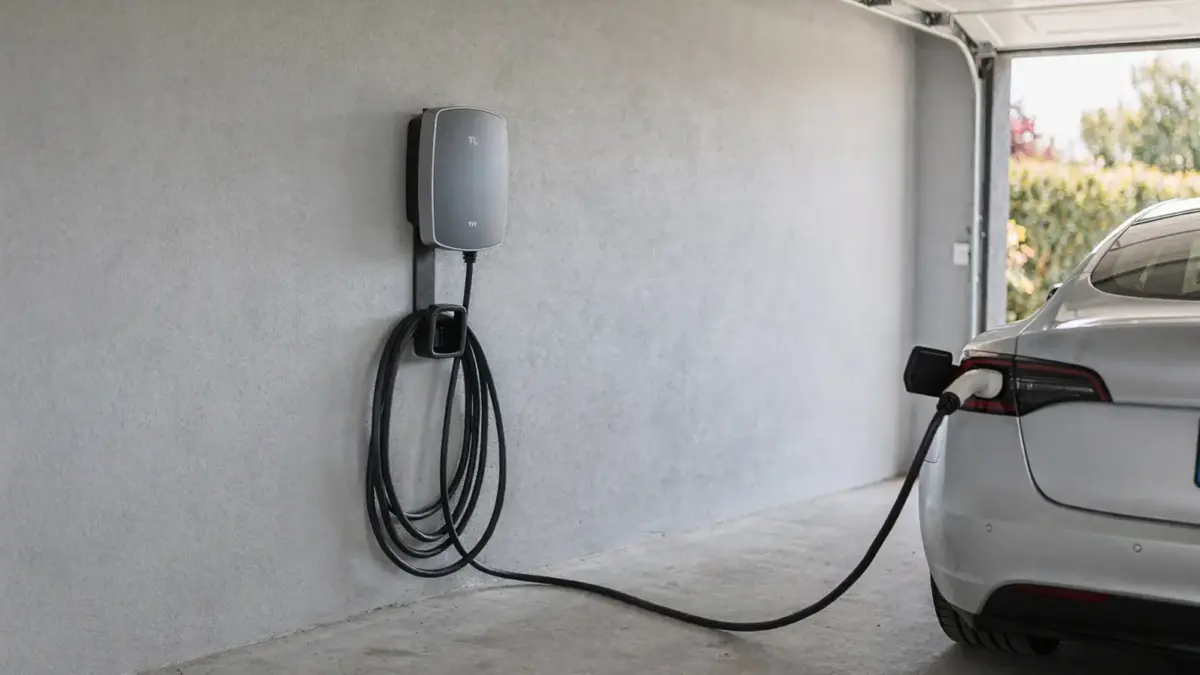 11-kW-Wallbox an der Garagenwand mit E-Auto und Ladekabel bei der Installation