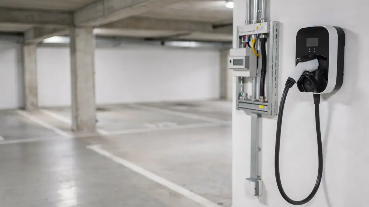 Wallbox in der Tiefgarage einer WEG mit Stromzähler zur Abrechnung von Ladestrom und Betriebskosten