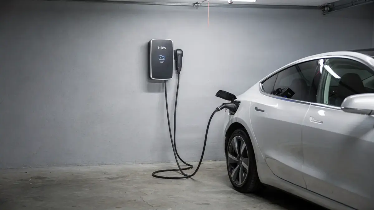 11-kW-Wallbox an einer Garagenwand neben einem angeschlossenen Elektroauto