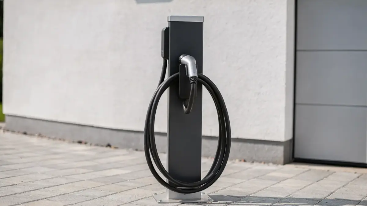 Wallbox-Standfuß an einer Einfahrt mit Ladepunkt für Elektroauto, passend zum Thema Montage und Anschluss