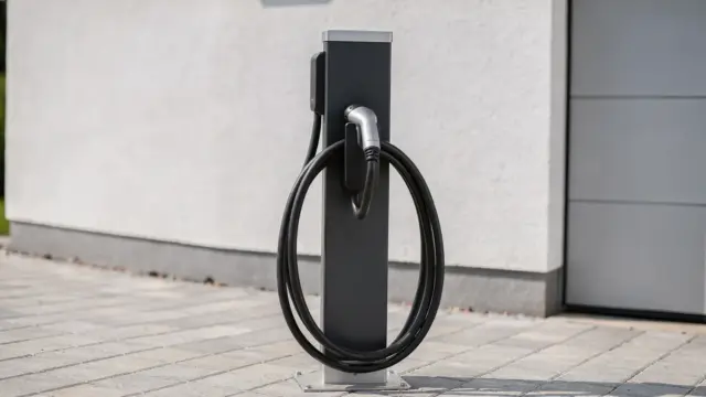 Wallbox-Standfuß an einer Einfahrt mit Ladepunkt für Elektroauto, passend zum Thema Montage und Anschluss