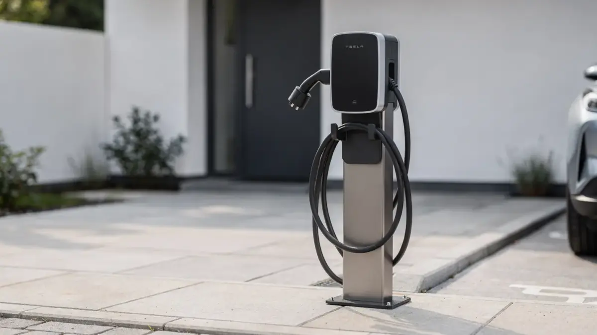 Wallbox-Pfosten für eine 11-kW-Wallbox in einer modernen Einfahrt